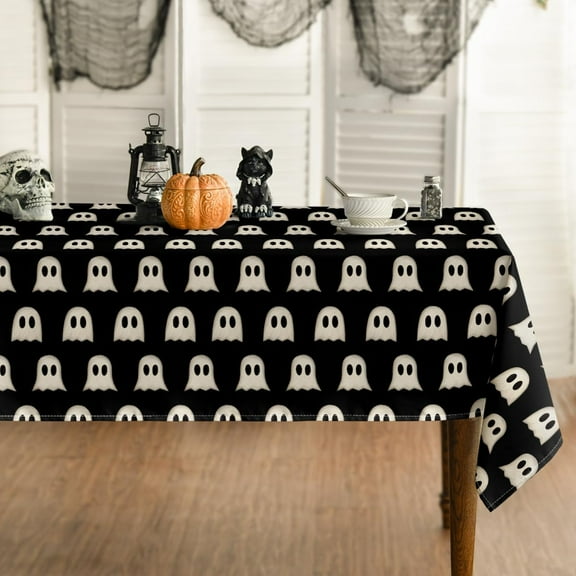 Halloween Tablecloth 60×102 Inch Rectangular, Cute Ghost Black Washable Table Cover for Party Picnic Dinner Decor