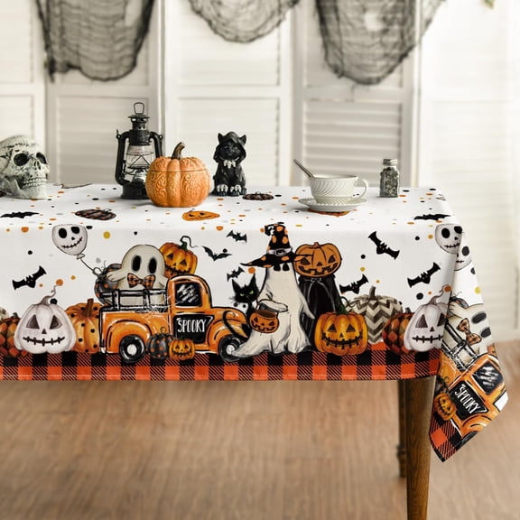 Halloween Tablecloth 60×104 Inch Rectangular, Buffalo Plaid Jack-O-Lantern Pumpkin Bats Ghost Truck Washable Table Cover for Party Picnic Dinner Decor