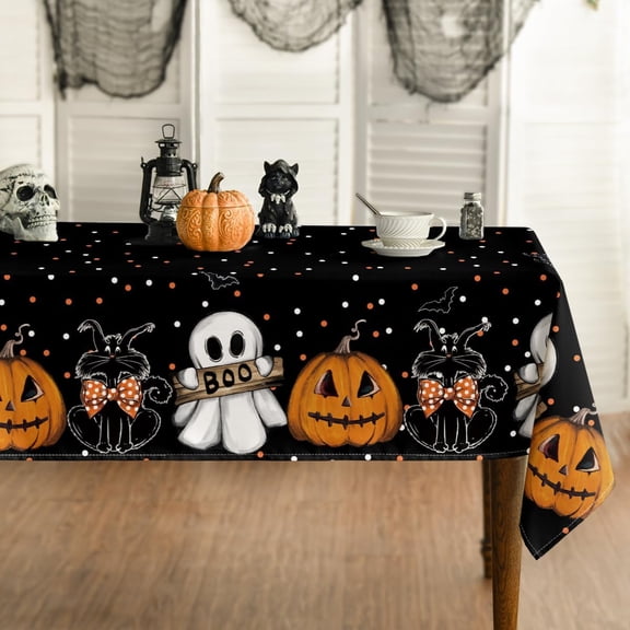 Halloween Tablecloth 60104 Inch Rectangular, Jack-O-Lantern Ghost Cat Dots Washable Table Cover for Party Picnic Dinner Decor
