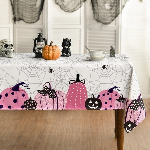 Halloween Tablecloth 60×104 Inch Rectangular, Jack-O-Lantern Pumpkin Cobweb Scary Themed Pink Washable Table Cover for Party Picnic Dinner Decor