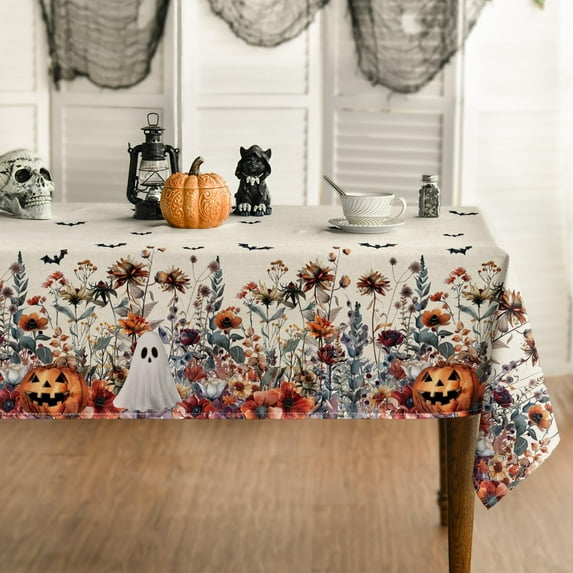 Halloween Tablecloth 60×120 Inch Rectangular, Bat Ghost Pumpkin Flower Washable Seasonal Table Cover for Party Picnic Dinner Decor