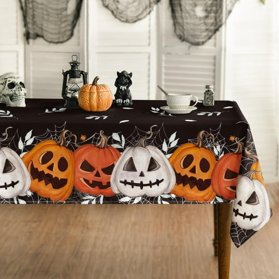 Halloween Tablecloth 60×120 Inch Rectangular, Black Orange Jack-O-Lantern Pumpkin Cobweb Washable Table Cover for Party Picnic Dinner Decor