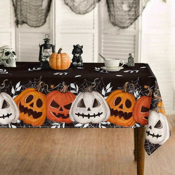 Halloween Tablecloth 60×120 Inch Rectangular, Black Orange Jack-O-Lantern Pumpkin Cobweb Washable Table Cover for Party Picnic Dinner Decor