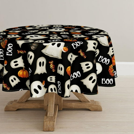 Halloween Tablecloth 60×60 Inch Round, Black Ghost Pumpkin Candy Washable Seasonal Table Cover for Party Picnic Dinner Decor