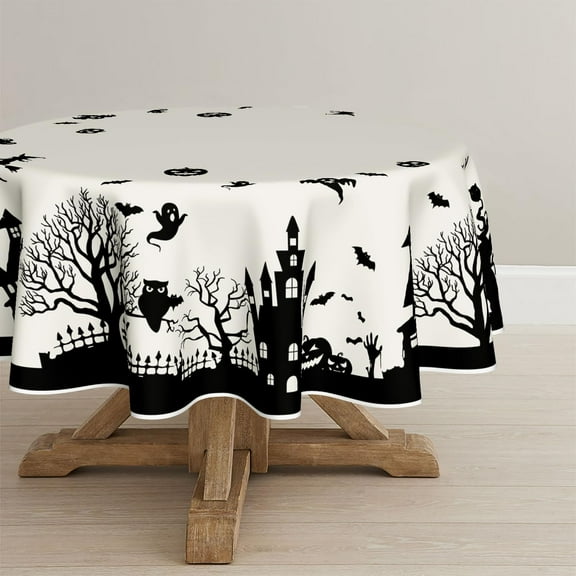 Halloween Tablecloth 6060 Inch Round, Castle Tree Ghost Scary Themed Washable Table Cover for Party Picnic Dinner Decor