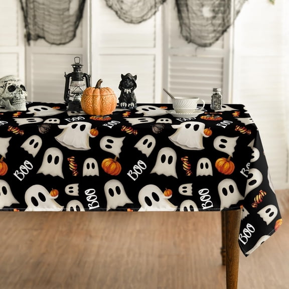 Halloween Tablecloth 60×60 Inch Square, Black Ghost Pumpkin Candy Washable Seasonal Table Cover for Party Picnic Dinner Decor