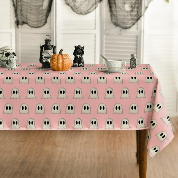 Halloween Tablecloth 60×60 Inch Square, Cute Ghost Pink Washable Table Cover for Party Picnic Dinner Decor