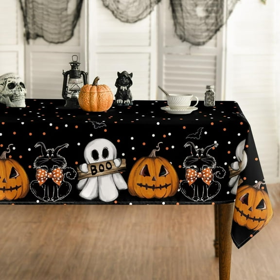 Halloween Tablecloth 60×60 Inch Square, Jack-O-Lantern Ghost Cat Dots Washable Table Cover for Party Picnic Dinner Decor