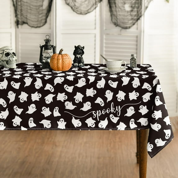 Halloween Tablecloth 60×60 Inch Square, White Ghost Black Washable Seasonal Table Cover for Party Picnic Dinner Decor