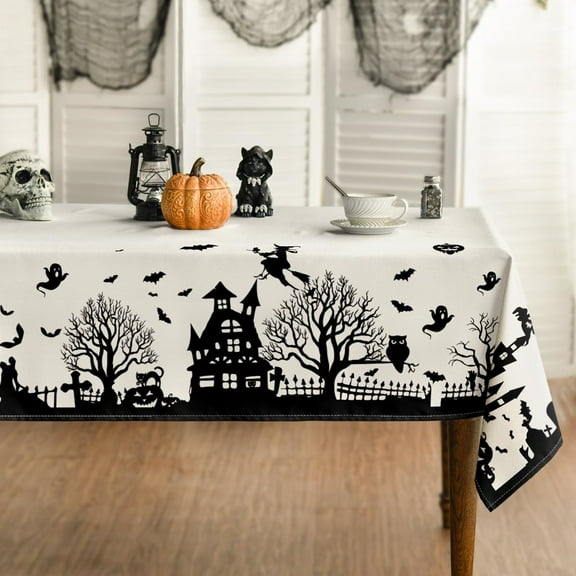 Halloween Tablecloth 60×84 Inch Rectangular, Castle Tree Scary Themed Washable Table Cover for Party Picnic Dinner Decor
