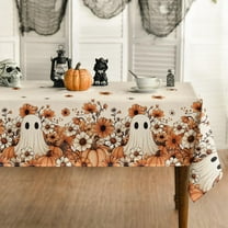 Halloween Tablecloth 60×84 Inch Rectangular, Ghost Orange Pumpkin Flower Washable Seasonal Table Cover for Party Picnic Dinner Decor