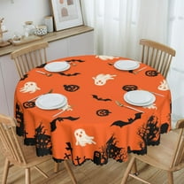 Halloween Tablecloth, 60 Inch Round Tablecloth for Dining Kitchen, Circle Washable Polyester Orange Table Cloth with Pumpkins Ghost Castle, Halloween Table Decor for Home Party Outdoor Camping