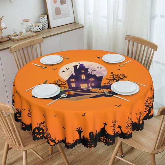 Halloween Tablecloth, 60 Inch Round Tablecloth, Washable Polyester Circle Table Cloth with Orange Pumpkins Castle for Dining Kitchen, Halloween Table Stain Resistant Decor for Home Party Outdoor