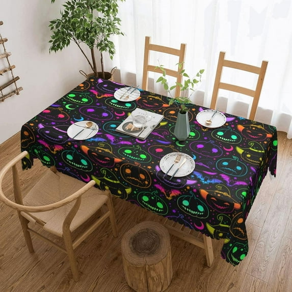 Halloween Tablecloth 60 X 84 Inch Rectangular Bright Halloween Pumpkins and Flying Bats Table Cloths, Washable Wipeable Tablecover for Halloween Party Decorations