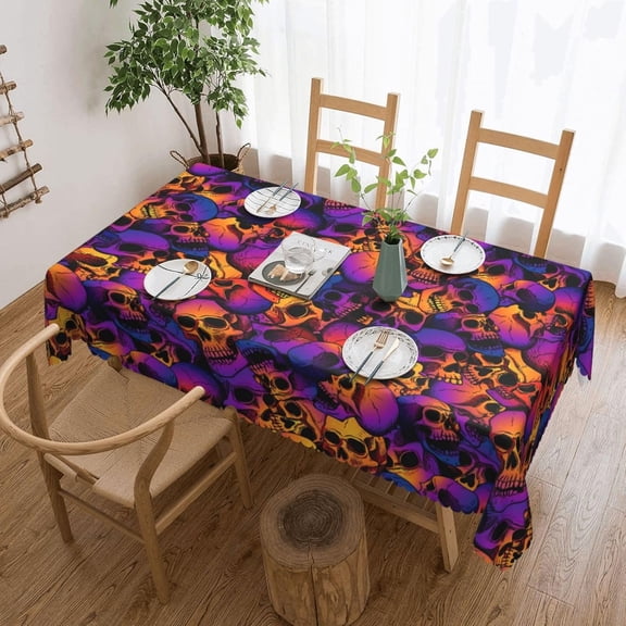 Halloween Tablecloth 60 X 84 Inch Rectangular, Bright Skull Washable Table Cover for Party Picnic Dinner Decor - Halloween Decorations