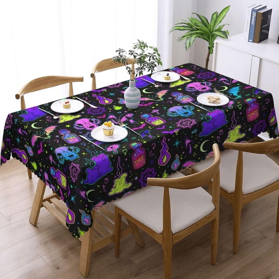 Halloween Tablecloth 60 X 84 Inch Rectangular, Bright Witchy Elements Washable Table Cover for Party Picnic Dinner Decor - Halloween Decorations
