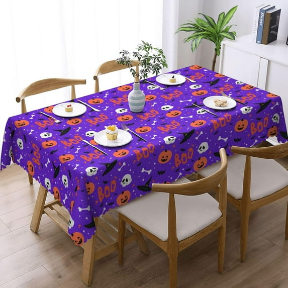 Halloween Tablecloth 60 X 84 Inch Rectangular Halloween Pumpkins Skulls Bones Bats Table Cloths, Washable Wipeable Tablecover for Halloween Party Decorations