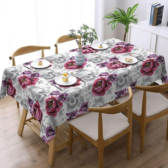Halloween Tablecloth 60 X 84 Inch Rectangular, Skull with Flower Washable Table Cover for Party Picnic Dinner Decor - Halloween Decorations