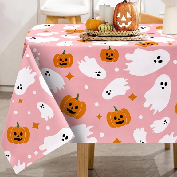 Halloween Tablecloth 60 x 102 Inch Ghost Pumpkin Table Cover Pink Rectangle Table Cloth for Home Farmhouse Picnic Dining Table Decor