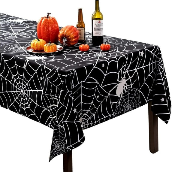 Halloween Tablecloth 60 x 120 inch Rectangular Black Spider Web Table Cloths, Spillproof Washable Polyester Tablecover - Perfect for Halloween Party Decorations