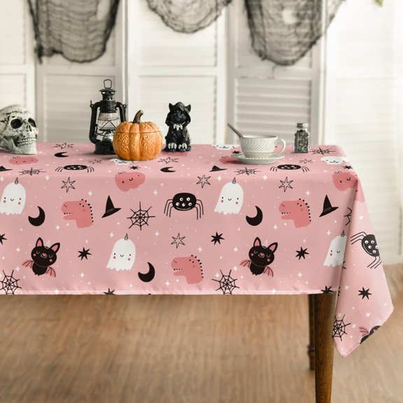 Halloween Tablecloth 60x104 Inch Rectangular, Cartoon Ghost Pink Washable Table Cover for Party Picnic Dinner Decor