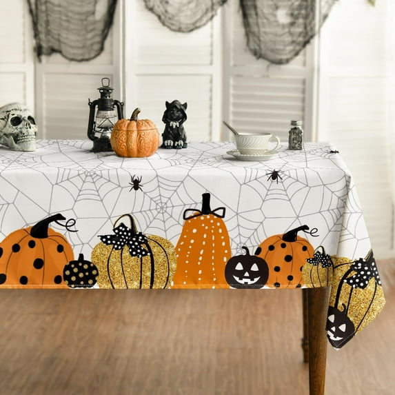 Halloween Tablecloth 60x104 Inch Rectangular, Jack-O-Lantern Pumpkin Cobweb Scary Themed Washable Table Cover for Party Picnic Dinner Decor