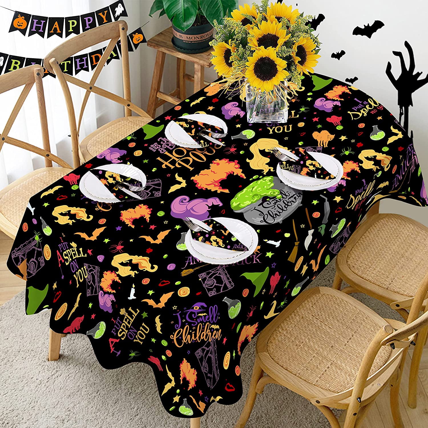 Hallowee Table Halloween Tablecloth 60x120 Inch Oval, Sanderson Witches Broom Washable ...