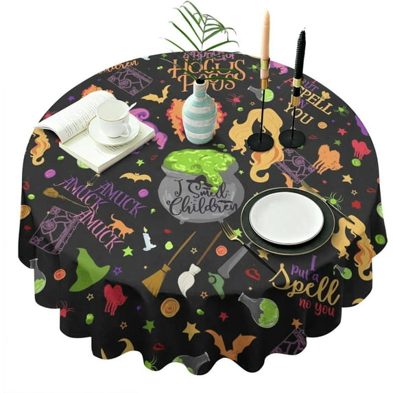 Halloween Tablecloth 60x60 Inch Round, Halloween Washable Table Cover for Sisters Party Picnic Dinner Decor, Orange & Black