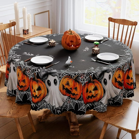 Halloween Tablecloth 60x60 Inch Round, Jack-O-Lantern Ghost Spider Home Decorations Waterproof Table Cover Halloween Decor Scallop Edge Table Cloth Indoor Outdoor Party Decorations