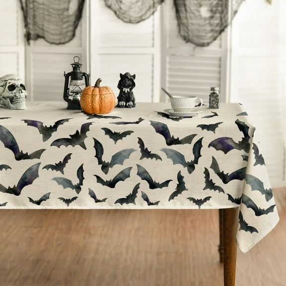 Halloween Tablecloth 60x84 Inch Rectangular, Bats Washable Table Cover for Party Picnic Dinner Decor
