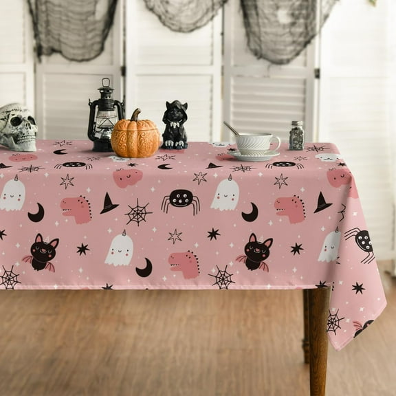 Halloween Tablecloth 60x84 Inch Rectangular, Cartoon Ghost Pink Washable Table Cover for Party Picnic Dinner Decor