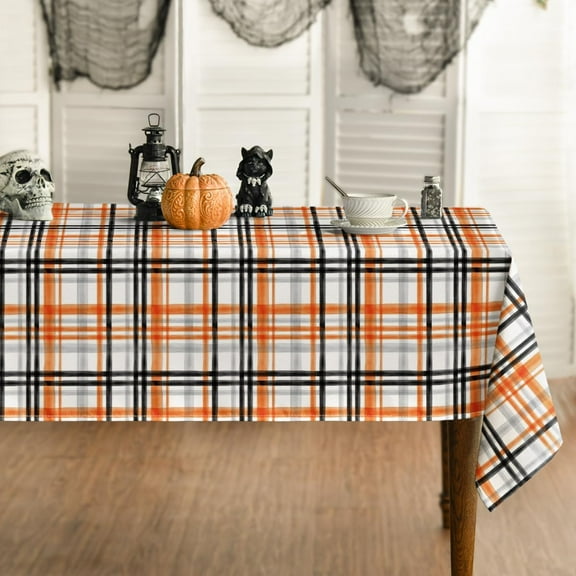 Halloween Tablecloth 60x84 Inch Rectangular, Fall Orange Buffalo Plaid Washable Table Cover for Party Picnic Dinner Decor