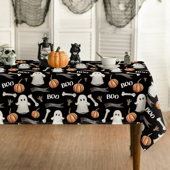 Halloween Tablecloth 60x84 Inch Rectangular, Ghost Pumpkin Black Washable Table Cover for Party Picnic Dinner Decor