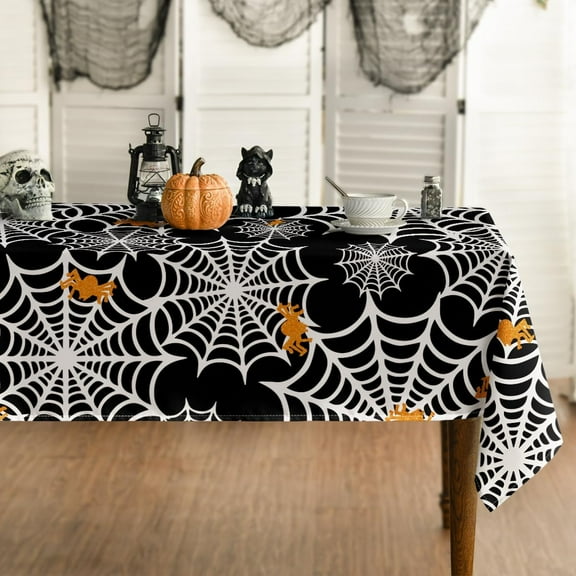 Halloween Tablecloth 60x84 Inch Rectangular, Spider Web Pattern Cobweb Scary Themed Washable Table Cover for Party Picnic Dinner Decor