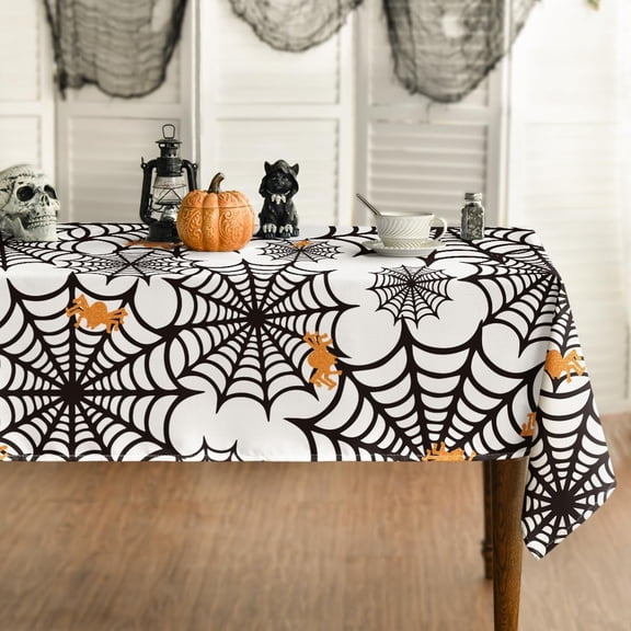 Halloween Tablecloth 60x84 Inch Rectangular, Spider Web Pattern Cobweb Scary Themed White Black Table Cover for Party Picnic Dinner Decor