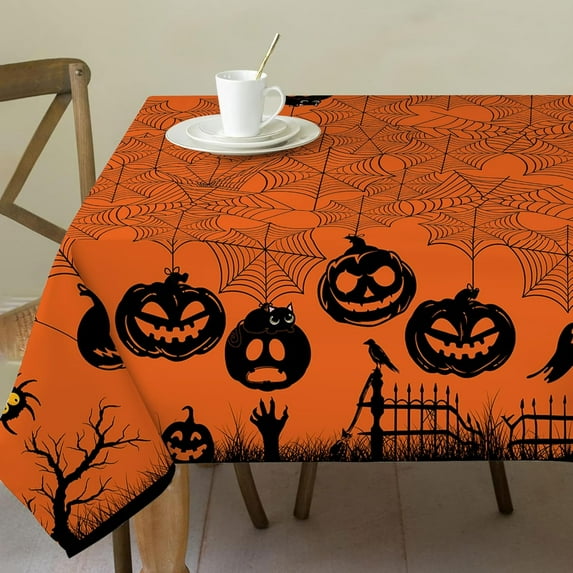 Halloween Tablecloth 60x84 Inches Rectangle - Orange Halloween Table Decorations - Water Resistant Spider Web Halloween Table Cloth, Scary Halloween Table Decor for Party