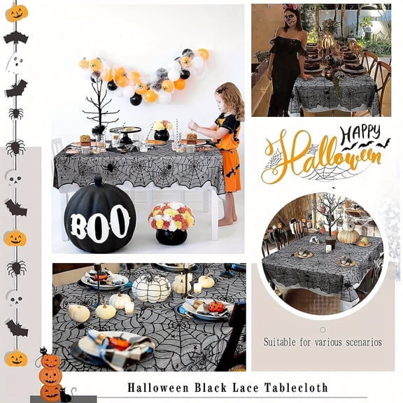 Halloween Tablecloth, Black Lace Web Design, Spooky Sheer Halloween Table Decorations for Haunted House Decorations and Halloween Party, Decorative Gift for Gothic Home Stylers,
