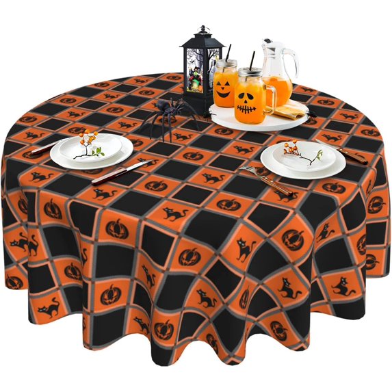 Halloween Tablecloth Black and Orange Checkered Cat Pumpkin Tablecloth Washable Reusable Round Tablecloth 60 Inch, for Halloween Party Holiday Dinner Kitchen Dining Table Decor
