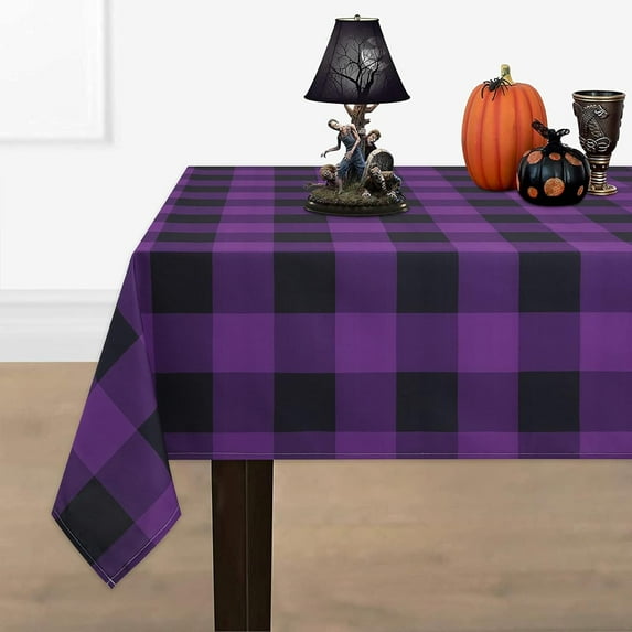 Halloween Tablecloth, Buffalo Plaid Purple and Black Table Cloth, Checkered Waterproof Tablecloths, Spillproof Tablecover for Dinner Party Decoration, Rectangle 60 x 84 Inch