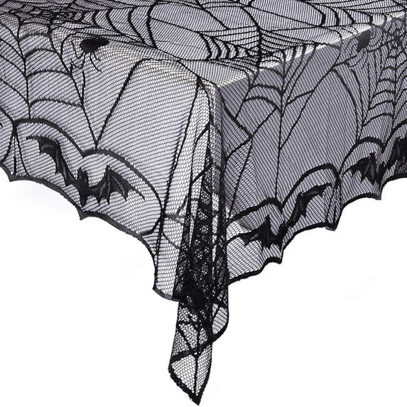 Halloween Tablecloth for Decorations, 48 x 96 inch Tgnazet Halloween Tabletop Rectangular Black Spooky Spider Web Bat Lace Table Cover for Gothic Halloween Party Home Table Decorations