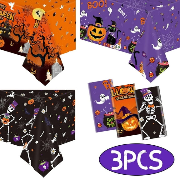 Halloween Tablecloth Decorations Halloween Party Supplies Plastic Disposable Rectangle Tablecovers Skeletons Ghosts Pumpkin Table Décor 3Pcs Design 1