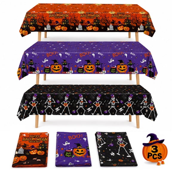 Halloween Tablecloth Decorations Halloween Party Supplies Plastic Disposable Rectangle Tablecovers Skeletons Ghosts Pumpkin Table Décor 3Pcs Design 1