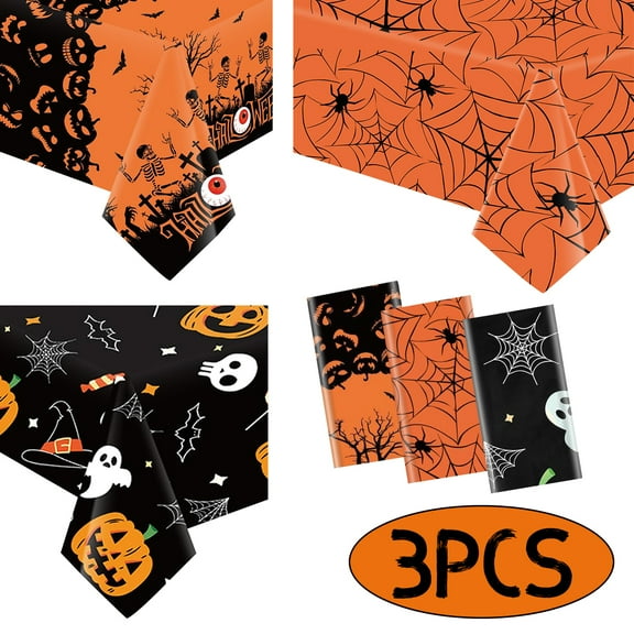 Halloween Tablecloth Decorations Halloween Party Supplies Plastic Disposable Rectangle Tablecovers Skeletons Ghosts Pumpkin Table Décor 3Pcs Design 2
