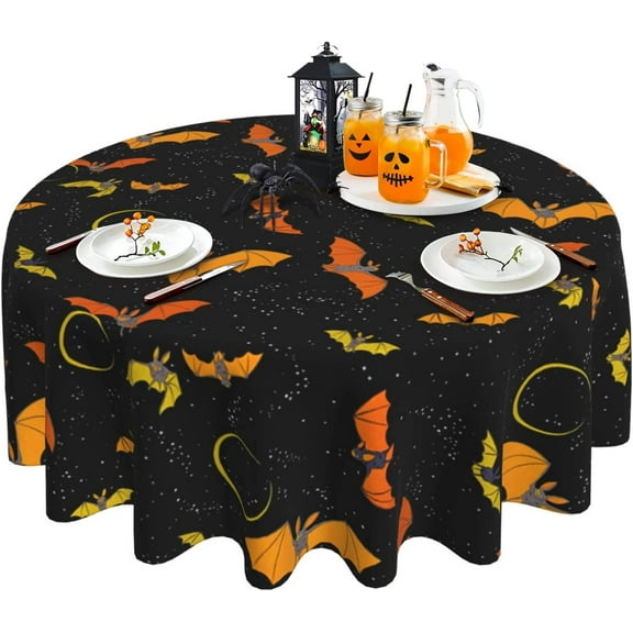 Halloween Tablecloth, Fall Black Round Tablecloth 60 Inch, Orange Bats Round Table Cloth for Rustic Farmhouse Kitchen Decor, Wipeable Polyester Fabric Table Cover for Outdoor Party Camping Picnic