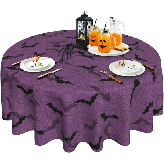 Halloween Tablecloth, Fall Purple Round Tablecloth 60 Inch, Black Bats Round Table Cloth for Rustic Farmhouse Kitchen Decor, Wipeable Polyester Fabric Table Cover for Outdoor Party Camping Picnic