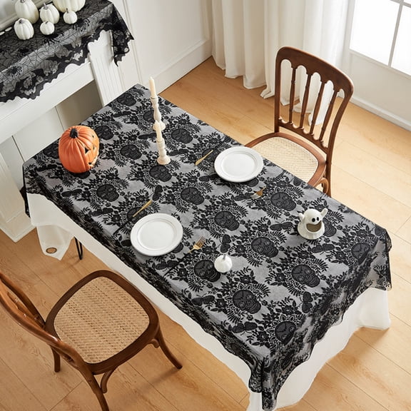 Halloween Tablecloth - Gothic Black Lace Spider Web Table Cover for Halloween Masquerade, Dinner Party, Scary Movie Nights Table Decorations 100*220cm
