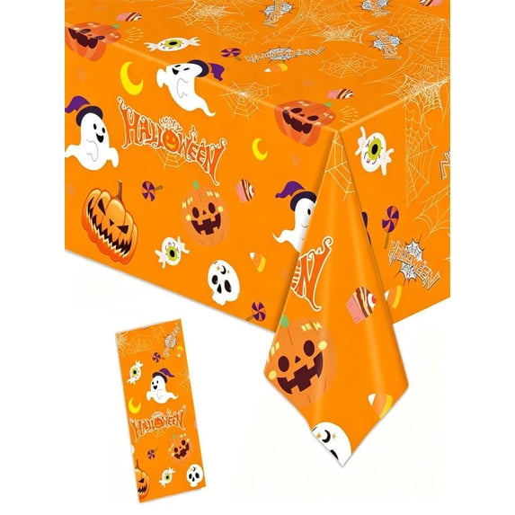Halloween Tablecloth,Halloween Decorations, 54x108 Inch Disposable Plastic Table Cover for Rectangle,Pumpkin Spider Ghost Table Cloth for Home Indoor Outdoor Birthday Party Supplies (Orange)
