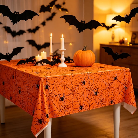 Halloween Tablecloth,Halloween Party,Halloween Spider Web Tablecloth Rectangle, Halloween Table Cloth Rectangle,Halloween Tablecloths for Rectangle Tables(Orange 9FT)