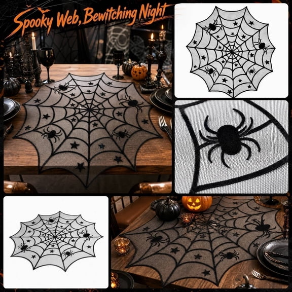 Halloween Tablecloth, Halloween Table Decorations, Spooky Halloween Decor, Black Web Decoration, 40X40 Inch Round Lace Black Web Table Cover for Indoor Use, Fits Dining, Coffee,