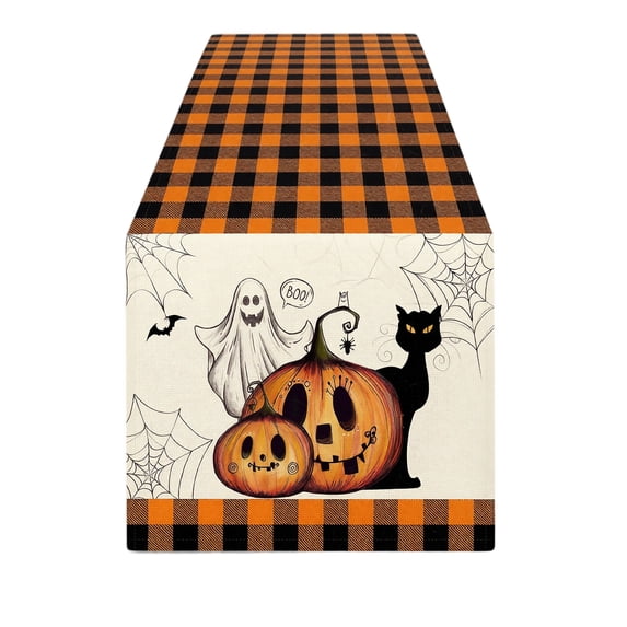 Halloween Tablecloth Linen Table Runner 72X13 Inches Pumpkin and Cat Pattern Spooky Halloween Decorations Indoor Fall Decorations for Home Dining Table Tv Stand Fireplace Mantle